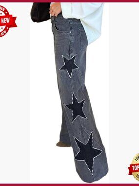 Mid Rise Straight Leg Jeans Distressed Boyfriend Fit Patchwork Beaded